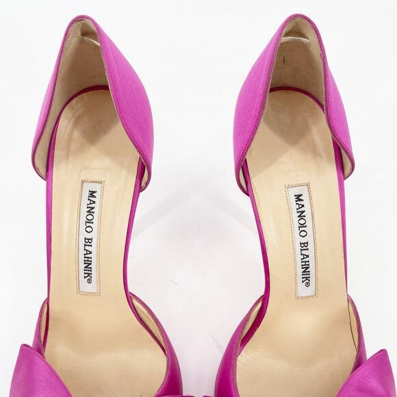 Manolo Blahnik Fuchsia Pink Silk Satin Bow Detail Peep Toe D'Orsay Pump IT 38 - Picture 8 of 14